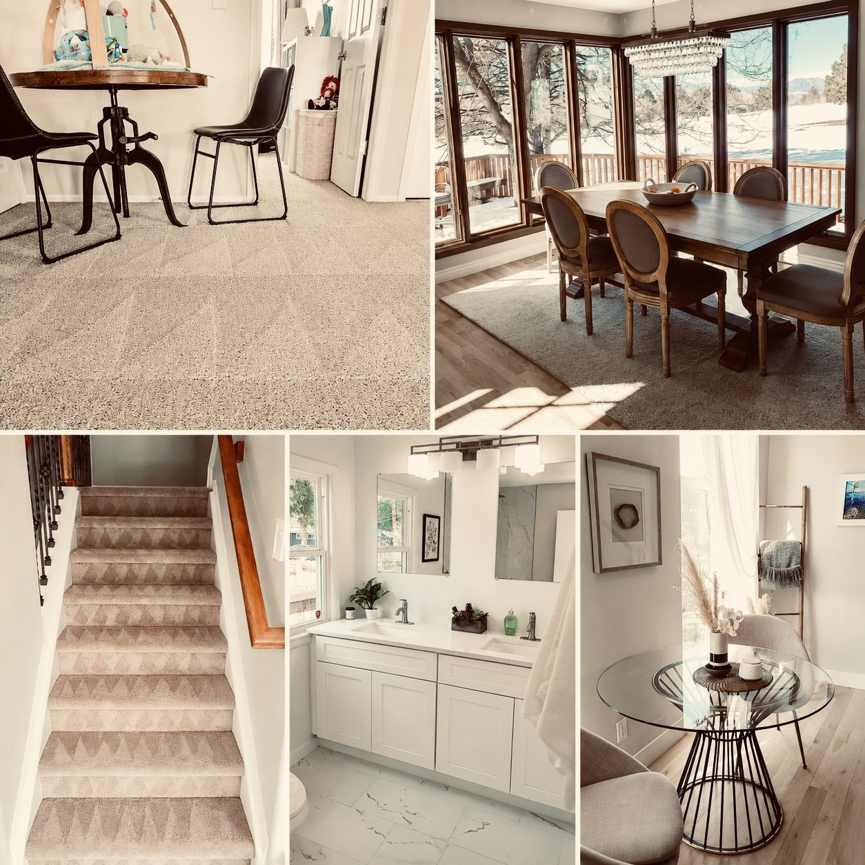 Bright clean dining room, stairs and bathroom