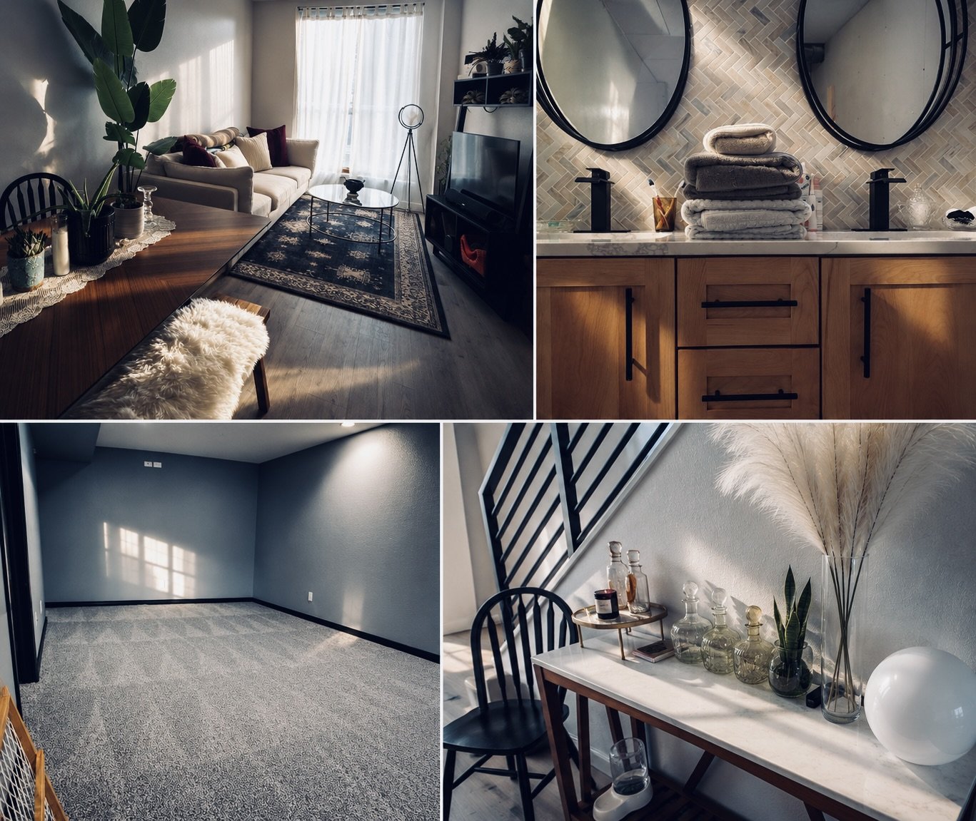 Clean living room, bathroom vanity and bedroom
