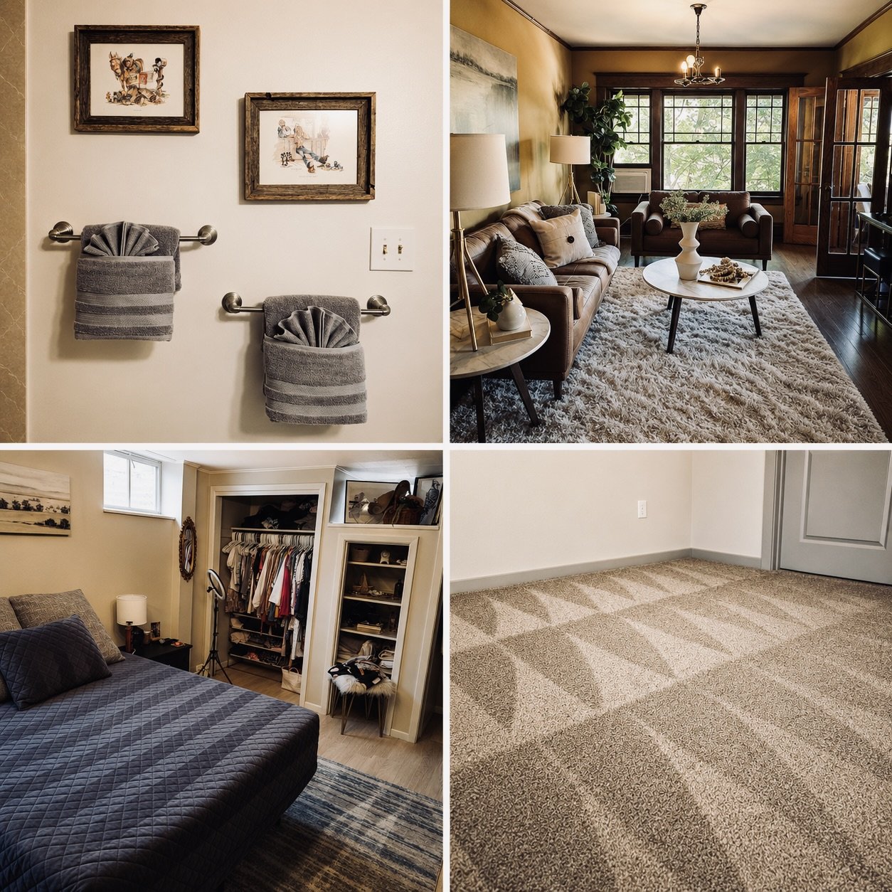 Clean living room, bedroom and freshly vacuumed carpet